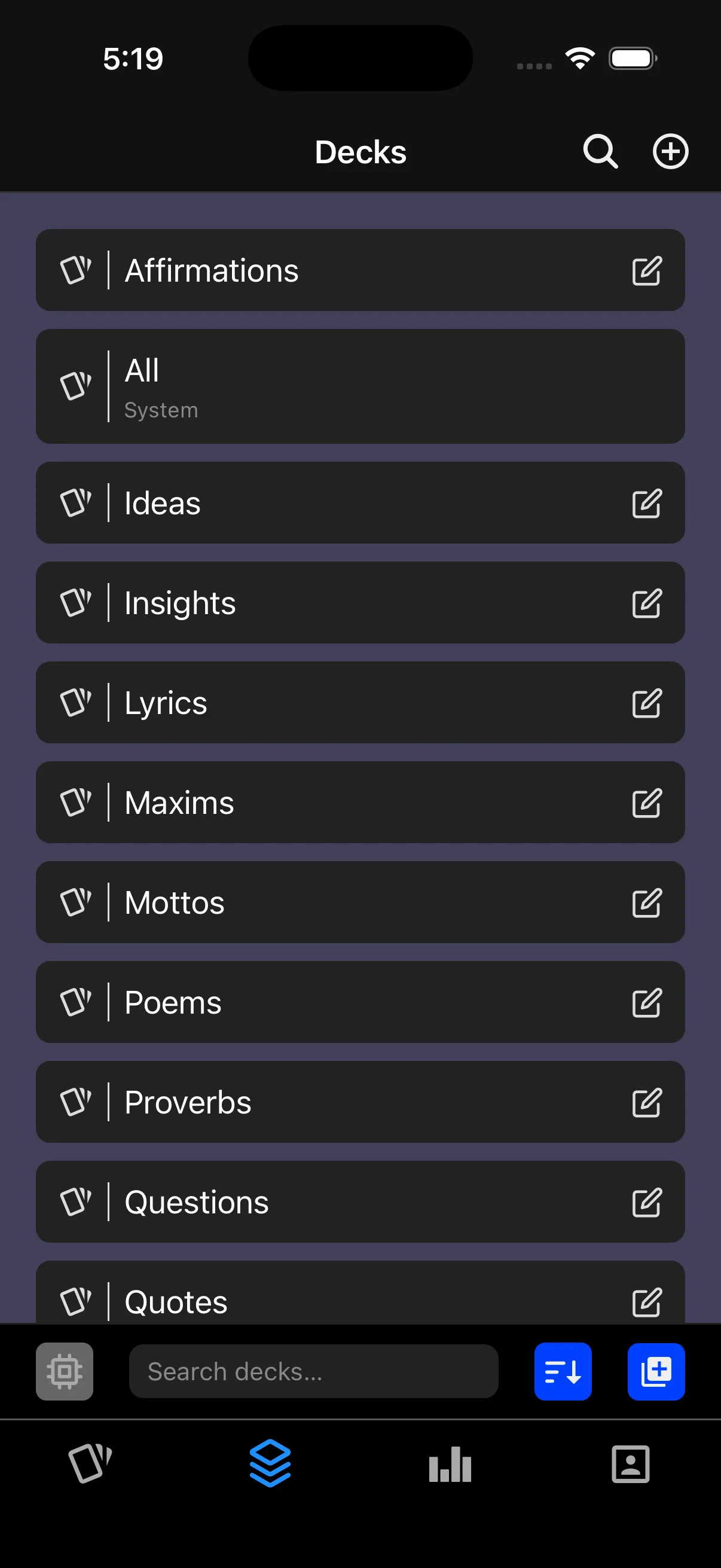 Sopho decks screen showing deck names including All, Ideas, Insights, and Quotes